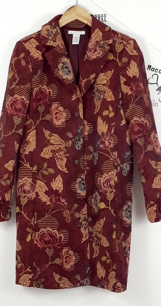 CAbi Jacobean Trapestry Floral Burgundy Sz 10